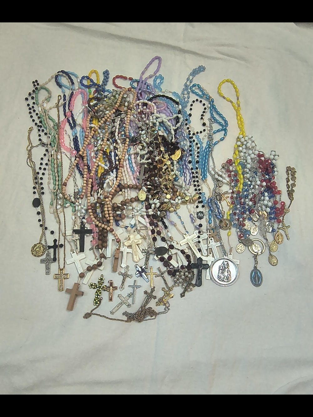 Mixed Beaded Rosary and Cross Necklace Lot - Multicolor